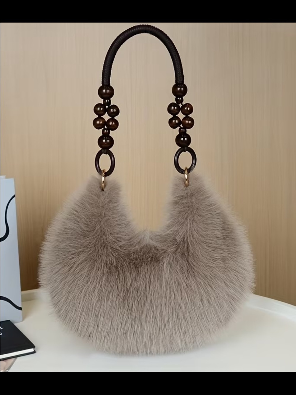 Affordable Fashion Finds Taupe Faux Fur Shoulder Bag with Wooden Bead Handle